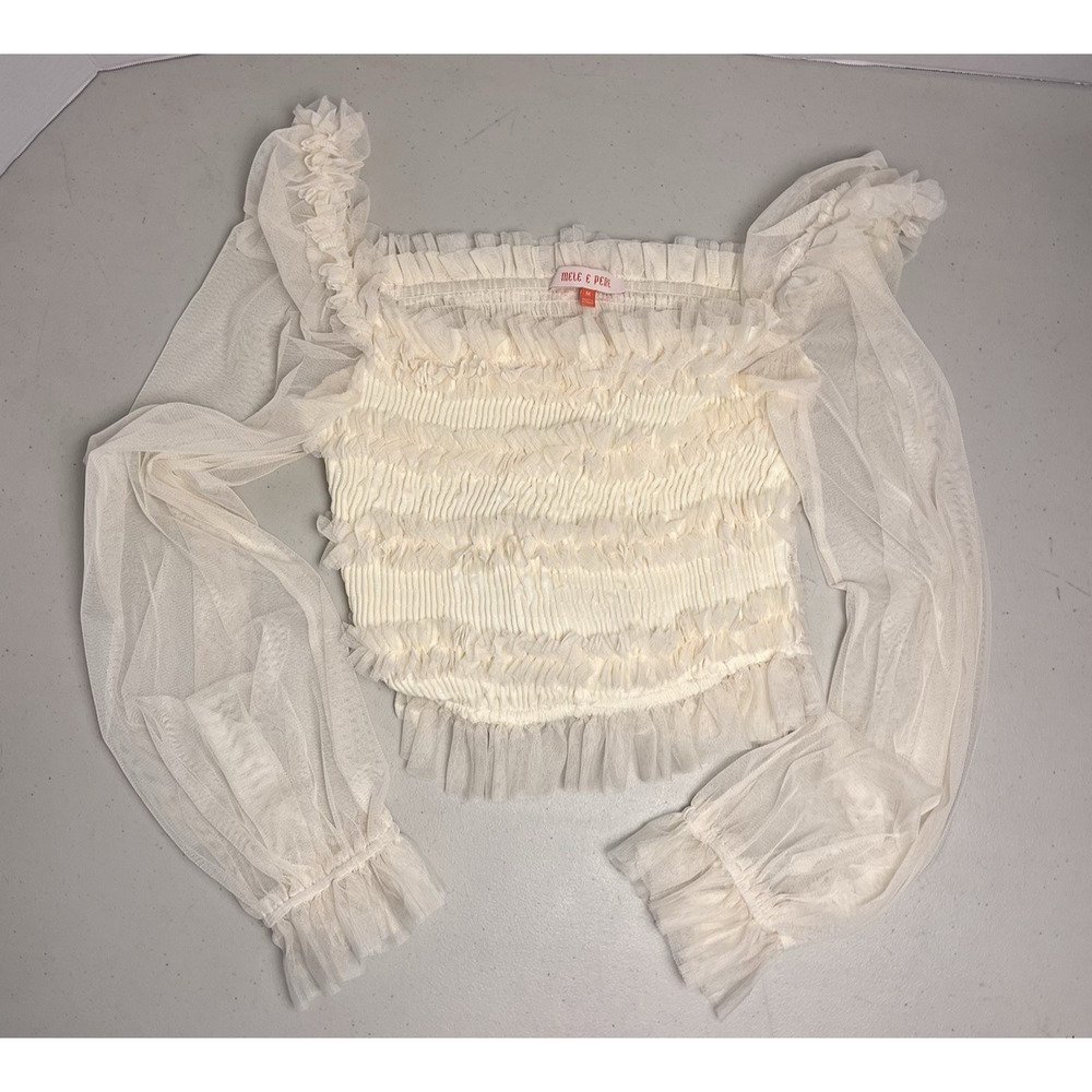 Mele E Pere Ivory Cream Sheer Ruffle Crop Top Ruched Long Sleeve Womens Medium